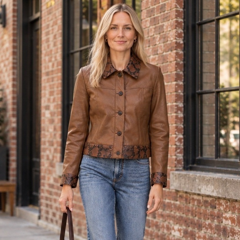 Massimo Dutti Womens Leather Jacket S Brown Snakeskin Trim Moto European Boho